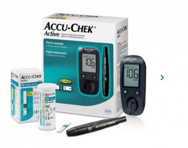 KIT ACCU-CHEK ACTIVE C/ MONITOR MG/DL C/10 TIRAS + 10 AGU + LANCETADOR